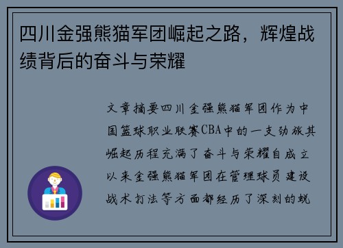 四川金强熊猫军团崛起之路，辉煌战绩背后的奋斗与荣耀